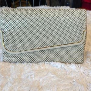 Vintage 80's Exclusive For Bueno Cream & Gold metal mesh fold over clutch
